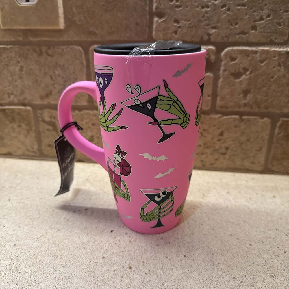 Cobwebs & Cauldrons Halloween Skeleton Cocktails And Bats Travel Mug